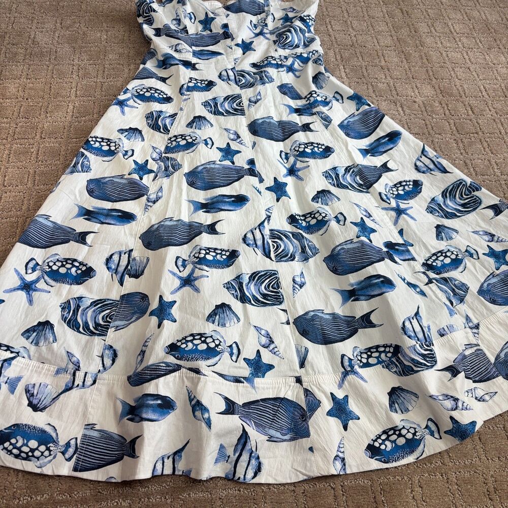Avec Les Filles Fish Shells Print Corset Dress Womens 8 Blue White Resort Travel - Picture 4 of 11